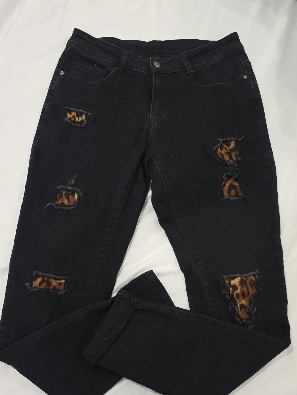 Black Skinny Women's Jeans with Leopard Patch Detail